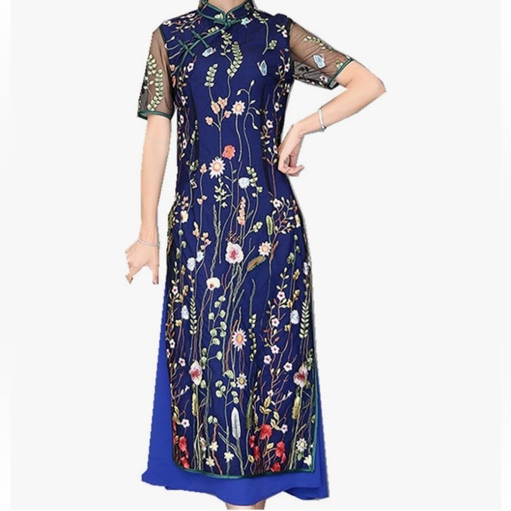 Cuitinia O Embroidered Long Cheongsam Chinese Dress Floral Midi Maxi